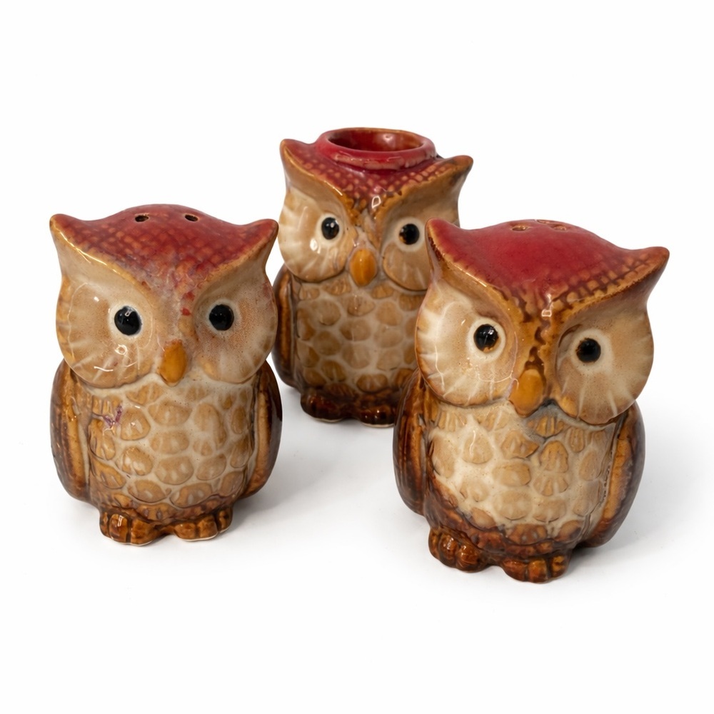VTG Wise Old Owl Salt Pepper Toothpick Holder 3" Kitchen Table 3pc Cottage Core